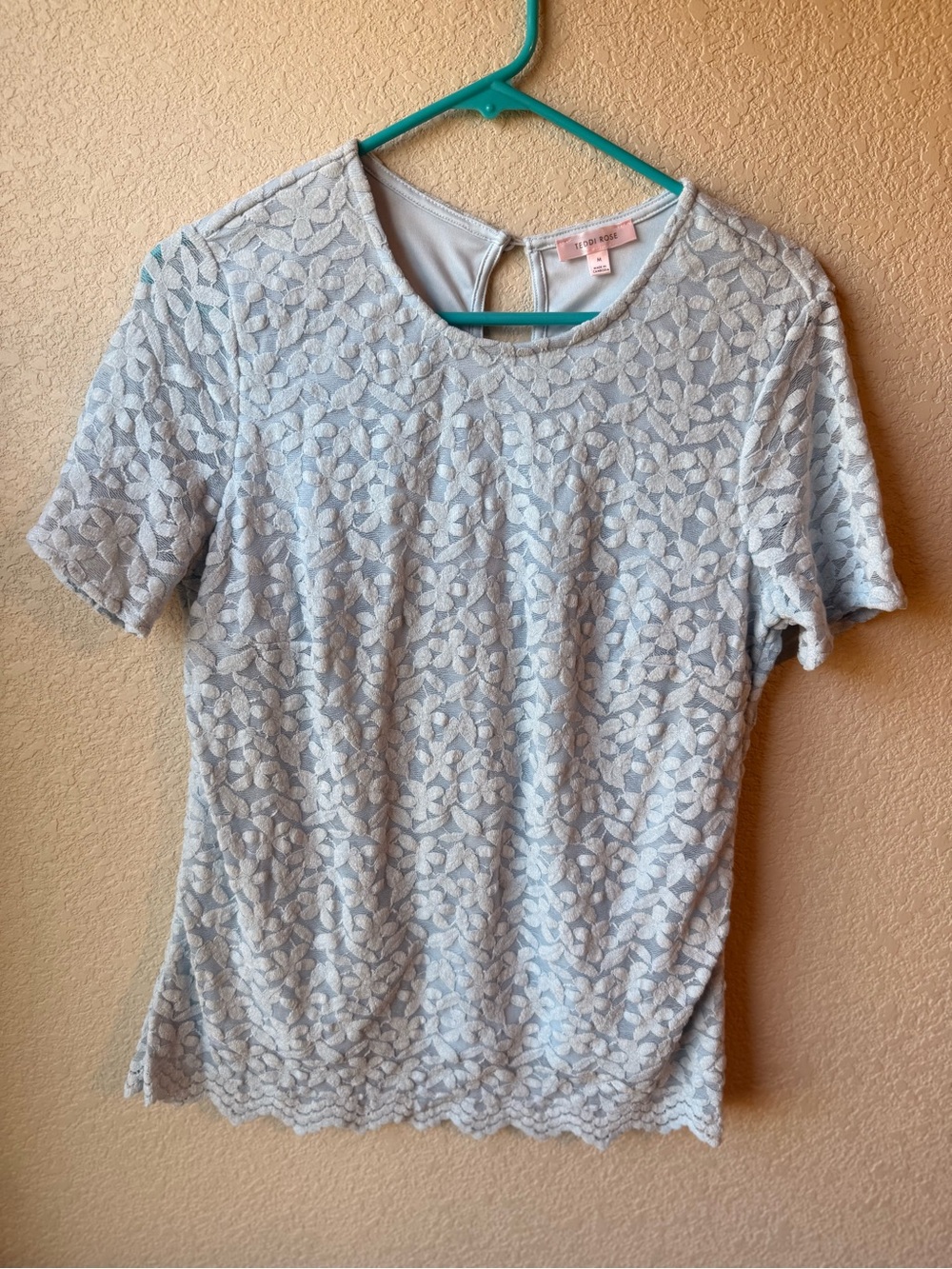 Philosophy Light Blue Floral Lace Short Sleeve Blouse- medium